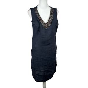 Lana Tomei Navy 100% Linen Beaded Dress Large Sleeveless V-Neck Midi Casual Glam